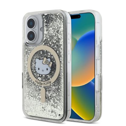 Apple iPhone 16 Kılıf Hello Kitty Orjinal Lisanslı Magsafe Şarj Özellikli IML Baskı Kitty Head Logolu Sıvılı Simli Altın Ateşi Kapak resmi